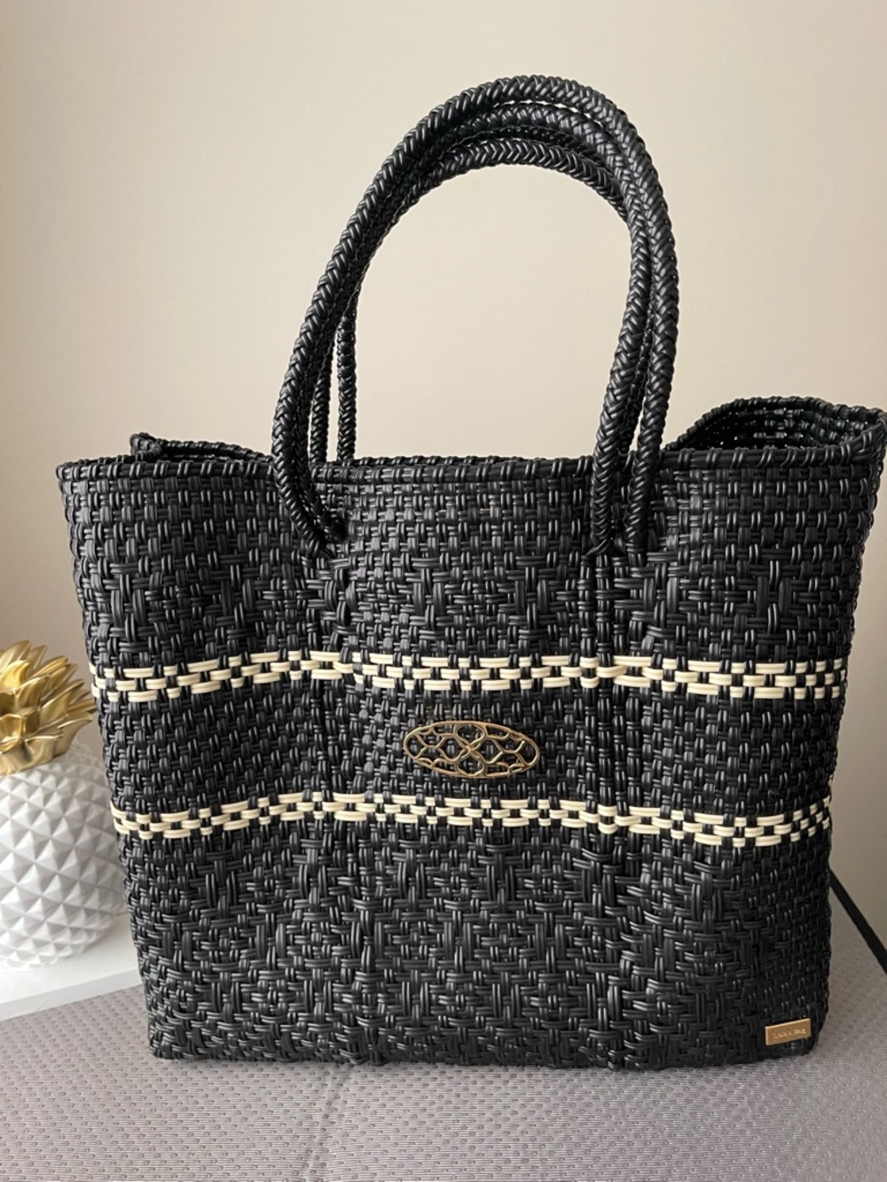 NWOT...Black Woven Tote with Cream Stripe Accents